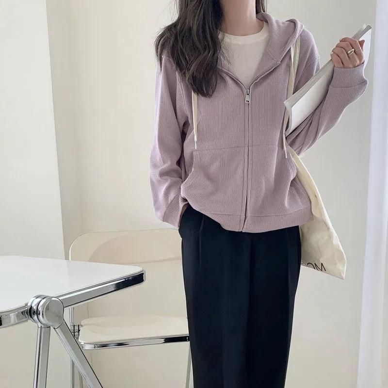 Schoolgirls Thin Long Sleeve Hooded Sweater Cardigan Jacket Waffle Sweater Ladies Zipper Jacket Top Casual Loose Coat