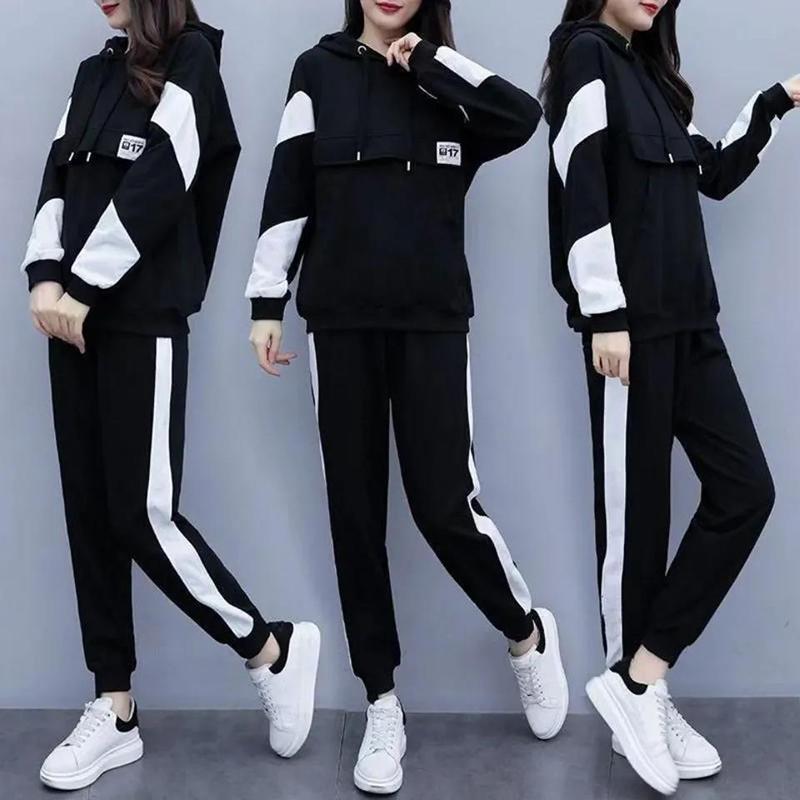 Women's Black and White Stitching Color Hoodie Suit Women's Loose and Thin Leisure Sports Two-piece Hooded Sweater Loose Sweatpants