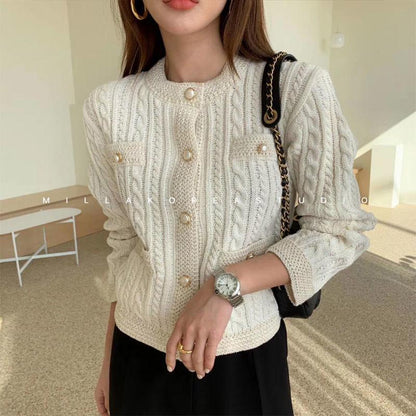 Autumn and Winter Short Knitted Sweater Pure Color Pearl Button Cardigan Top Fashion Simple Female Jacket