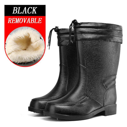 Fashion Men's Mid-tube Rain Boots Autumn and Winter Plus Velvet Warm Water Boots Mid-tube Non-slip Water Thick-soled Work Rubber Shoes