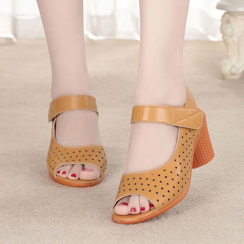 Women's High Heel Soft Sole Sandals Hollow Velcro Sandal Summer Fish Mouth Shoes Heel Sandals Solid Color Simple Temperament Edge Sandals