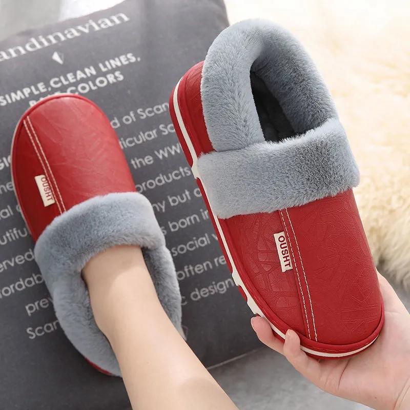 Bag Heel PU Leather Waterproof Winter Cotton Slippers Women's Indoor Household Non-slip Home Warm Cotton Shoes