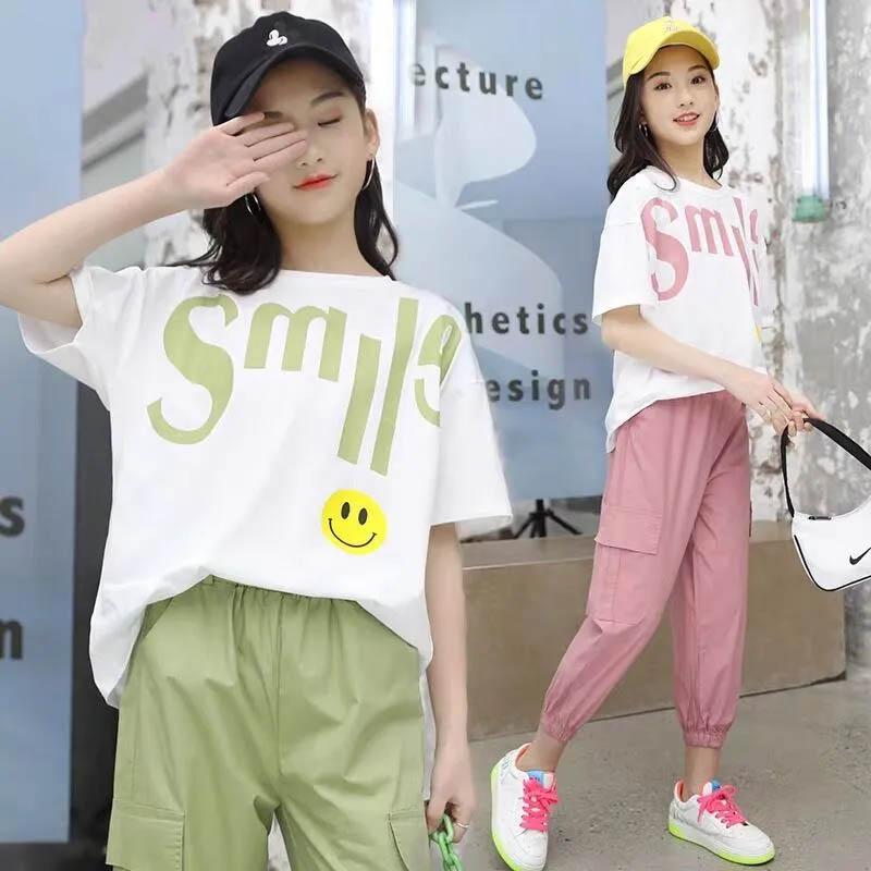 Girls Suit Spring and Summer Breathable Loose Casual Fashion Children's Short-sleeved Sports Short-sleeved Trousers Two-piece Set