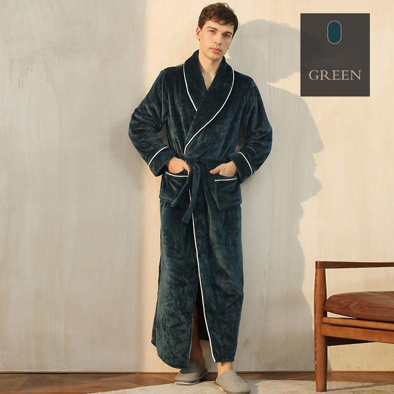 Autumn and Winter Flannel Nightgown Men's Flannel Lengthened Thick Bathrobe Men's Winter Coral Fleece Naked Pajamas