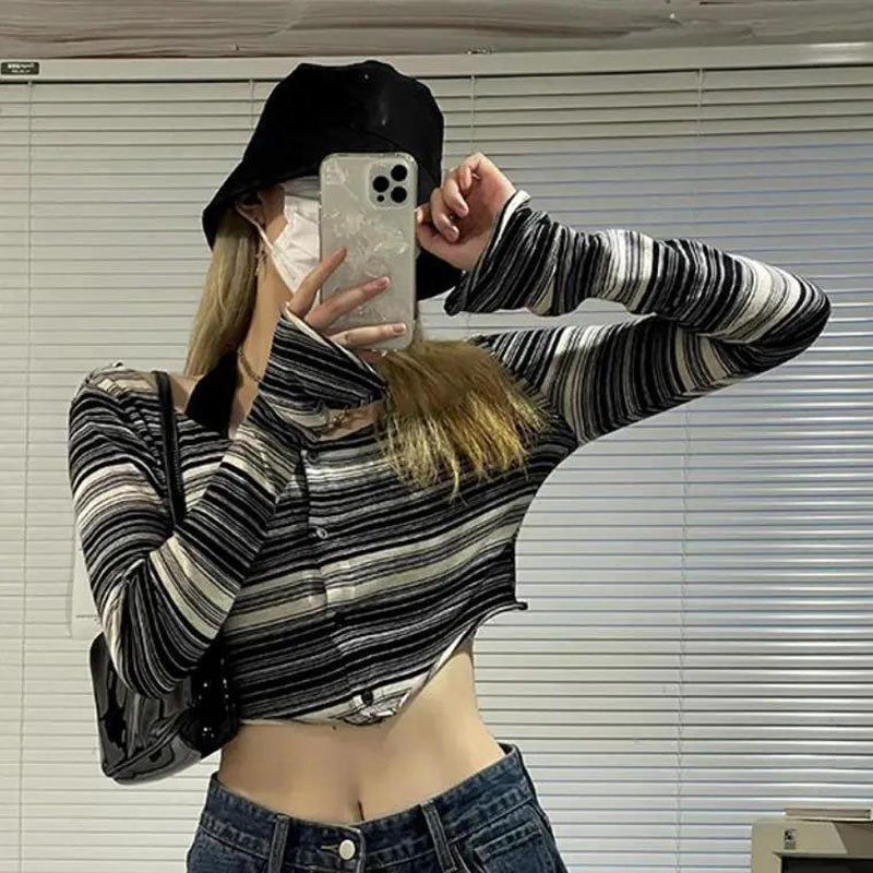 Y2k Top  Women's T-shirt Short T-shirt Slim Top Long Sleeves Black and White Stripes Irregular Cardigan Straps Reversible