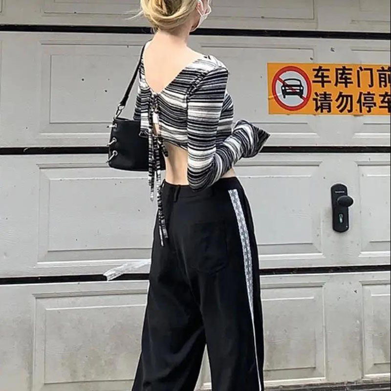 Y2k Top  Women's T-shirt Short T-shirt Slim Top Long Sleeves Black and White Stripes Irregular Cardigan Straps Reversible