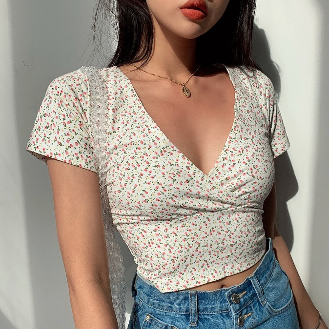 Summer French Retro Floral V-neck Short-sleeved T-shirt Slim Slimming Wild High Waist T-shirt Women's Top