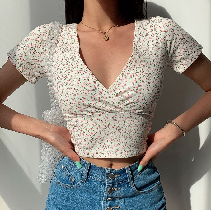 Summer French Retro Floral V-neck Short-sleeved T-shirt Slim Slimming Wild High Waist T-shirt Women's Top