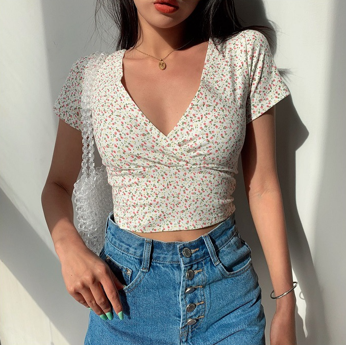 Summer French Retro Floral V-neck Short-sleeved T-shirt Slim Slimming Wild High Waist T-shirt Women's Top