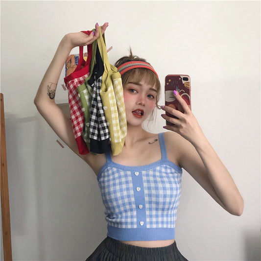 Korean Version Small Sling Vest Female Summer Lattice Vest Clothing  Sleeveless Solid Crop Tops