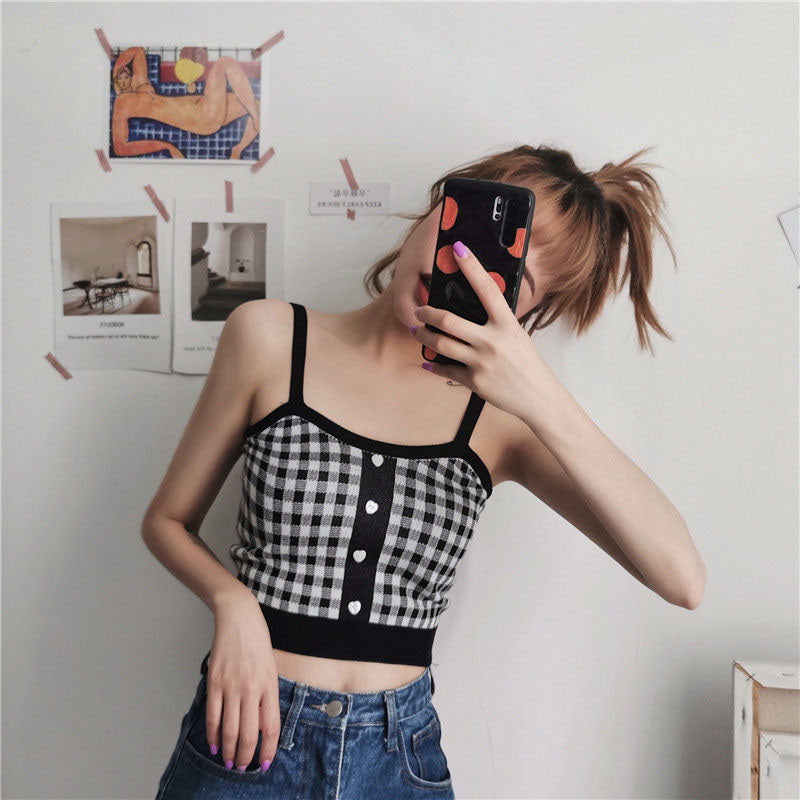 Korean Version Small Sling Vest Female Summer Lattice Vest Clothing  Sleeveless Solid Crop Tops