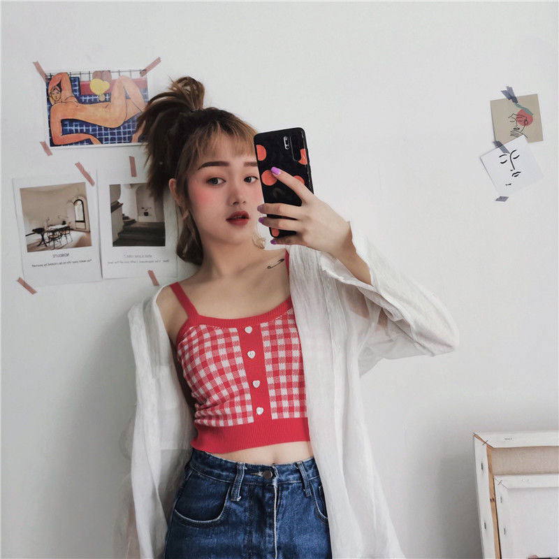 Korean Version Small Sling Vest Female Summer Lattice Vest Clothing  Sleeveless Solid Crop Tops