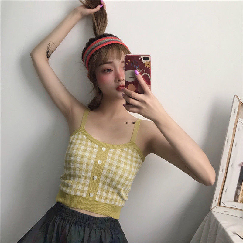 Korean Version Small Sling Vest Female Summer Lattice Vest Clothing  Sleeveless Solid Crop Tops