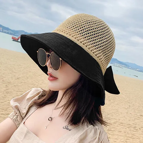 Spring and Summer Women's Fashion Bow Hat Sunscreen Adjustable Travel Out Sun Hat