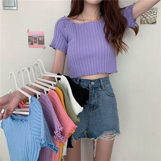 French Short Off Shoulder Knitting Shirt Female Summer Vertical Stripes Short Sleeve Ruffles Hem Crop Tops