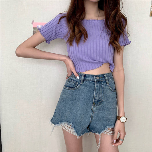 French Short Off Shoulder Knitting Shirt Female Summer Vertical Stripes Short Sleeve Ruffles Hem Crop Tops