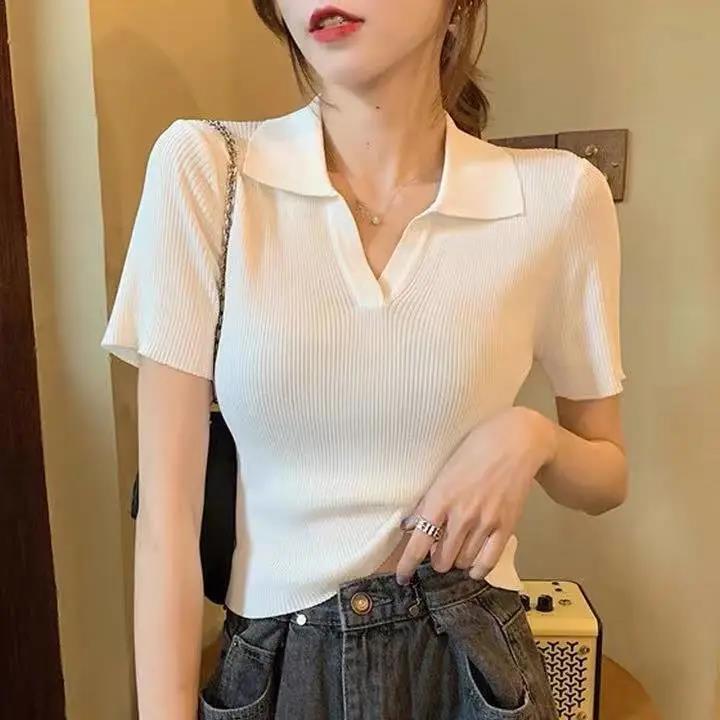 V-neck Polo Shirt Slim Fit and Slim Knitted Short-sleeved Lapel T-shirt Female Student Short Top