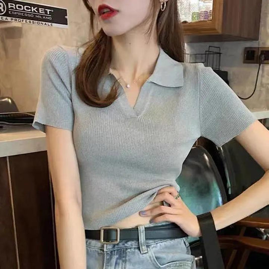 V-neck Polo Shirt Slim Fit and Slim Knitted Short-sleeved Lapel T-shirt Female Student Short Top