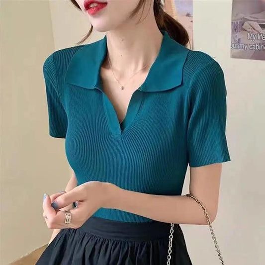 V-neck Polo Shirt Slim Fit and Slim Knitted Short-sleeved Lapel T-shirt Female Student Short Top