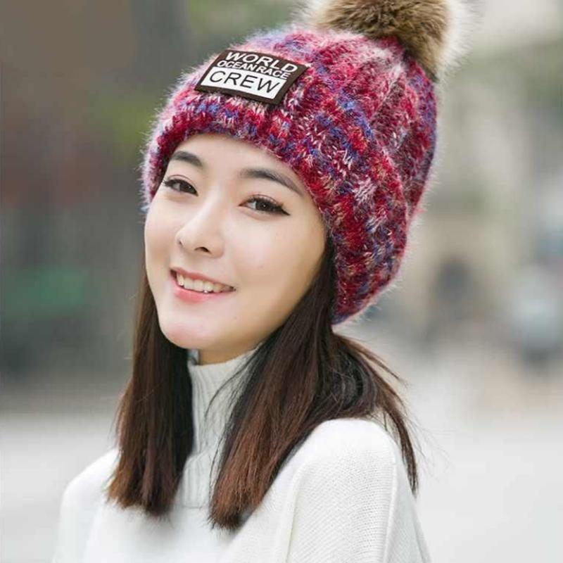 Women's Winter Hat Woolen Knitted Hat Plus Velvet Padded Thick Windproof Hat Korean Student Fur Ball Warm Ear Protection Cap Knitting Hat