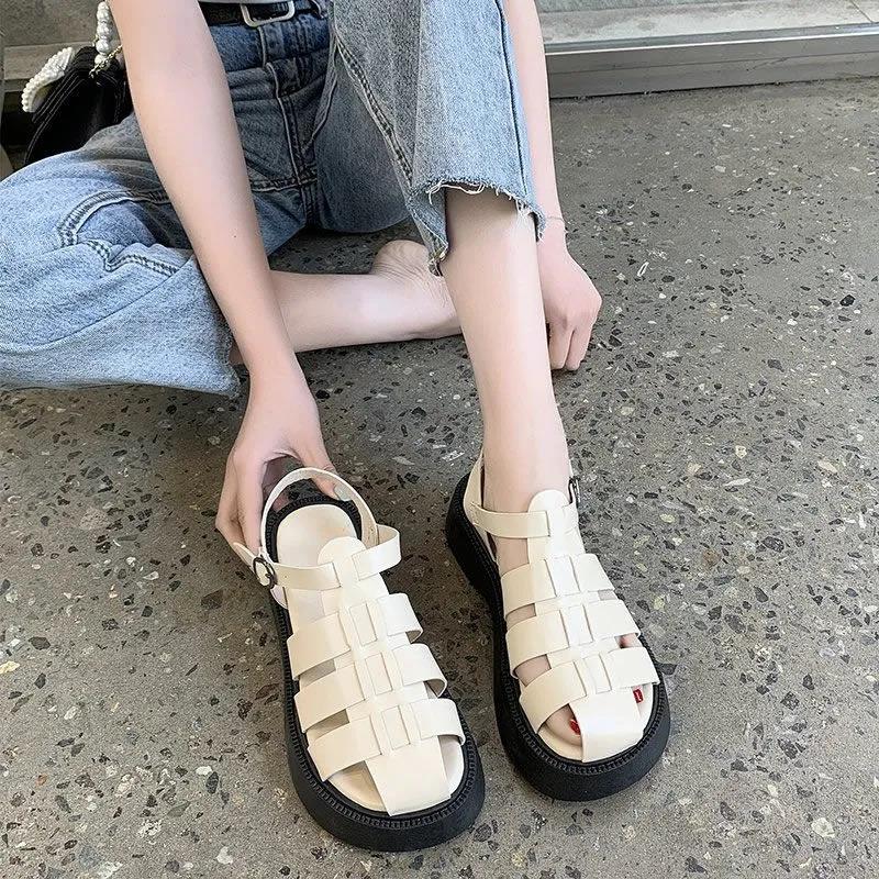 Hollow Baotou Wild Buckle Belt Sweet and Fresh Thick-soled Simple Sandals Women's Roman Shoes Women's Thick-soled Non-slip Sandals