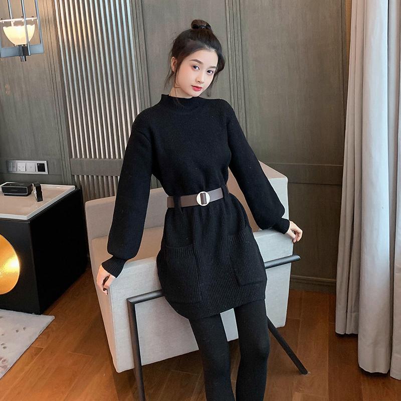 Korean Style Loose Outer Wear Mid-length Sweater Women Waist Slim Half Turtleneck Long Sleeve Autumn  Winter Base Sweater Dress