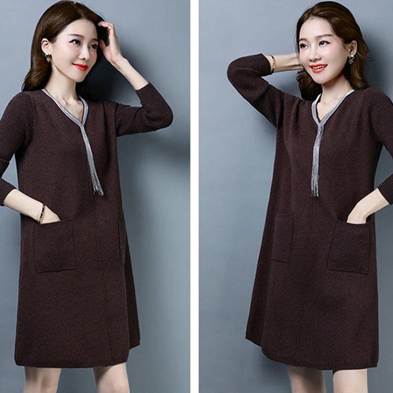 Autumn and Winter Knitted Simple Dress Mid-length Fashion Casual Bottoming Skirt Middle-aged Women Sweater Dress