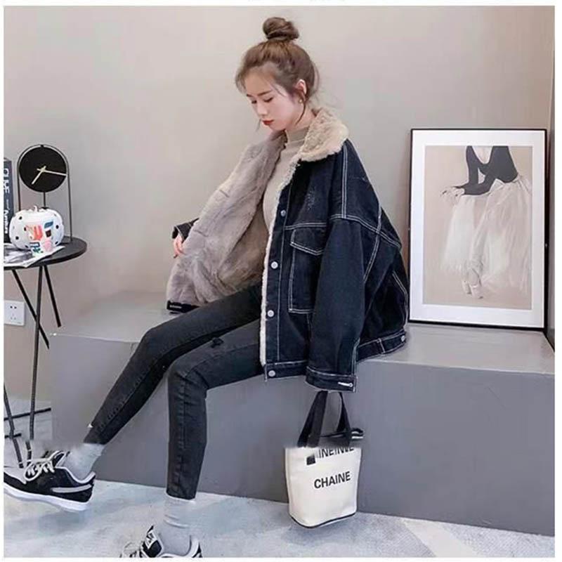 Autumn and Winter Denim Jacket Women's Fashion All-match Loose Plus Velvet Thick Lamb Velvet