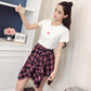 Women Summer Casual Suit Skirt Female Vintage Short Sleeve T-shirt Two High Waist Irregular Lattice Skirt Set