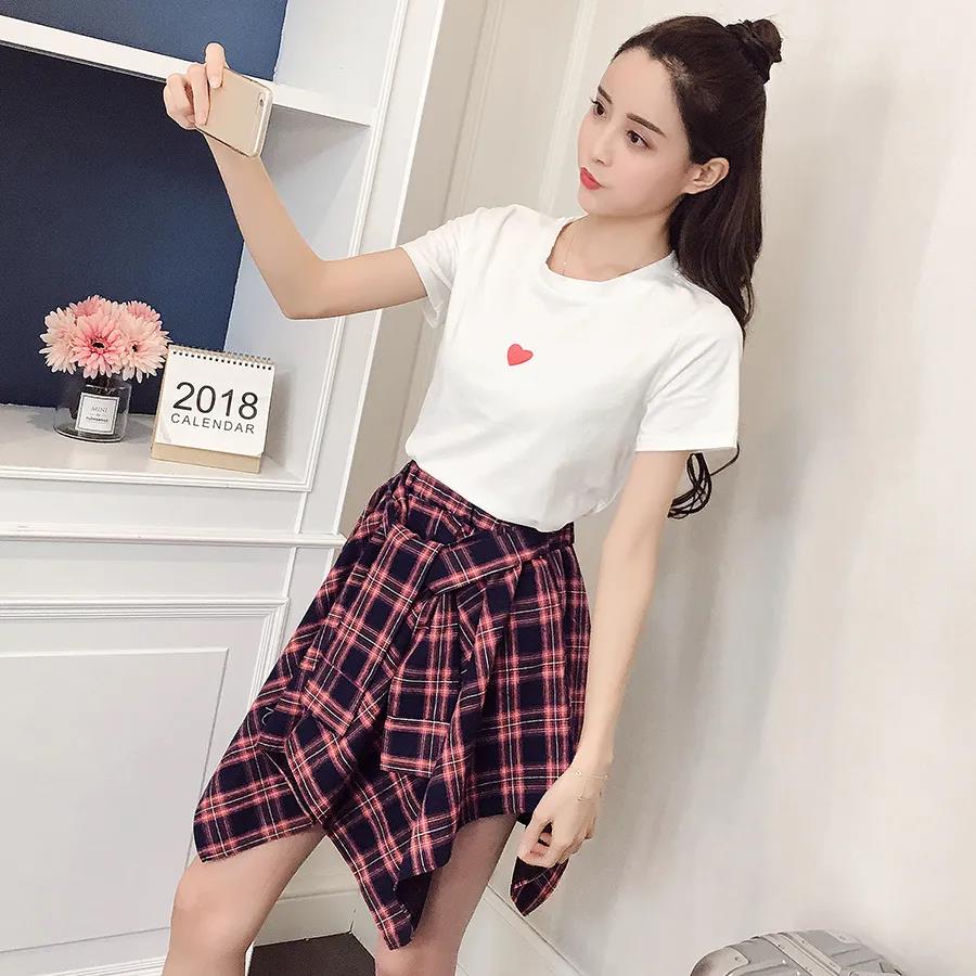 Women Summer Casual Suit Skirt Female Vintage Short Sleeve T-shirt Two High Waist Irregular Lattice Skirt Set