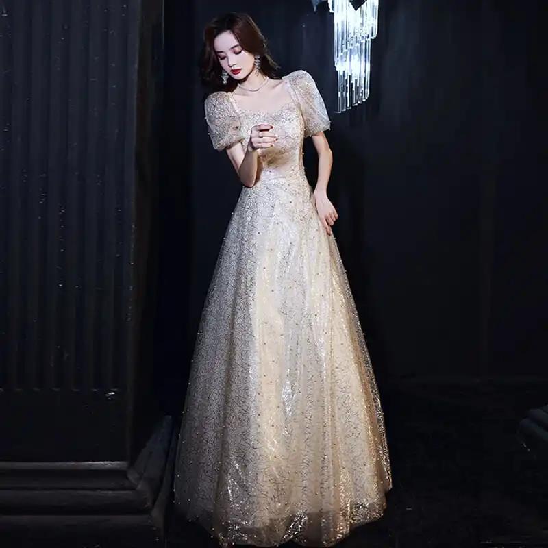 Rose Gold Sequin Evening Dress for Women Used To Be Very Elegant A-line V-neck Cap Sleeve Long Tulle Wedding Evening Dress