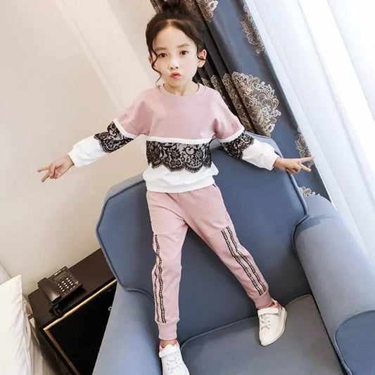 Children's Spring and Autumn 2-piece Sports Suit Korean Lace Stitching Top + Striped Letter Printed Trousers Set