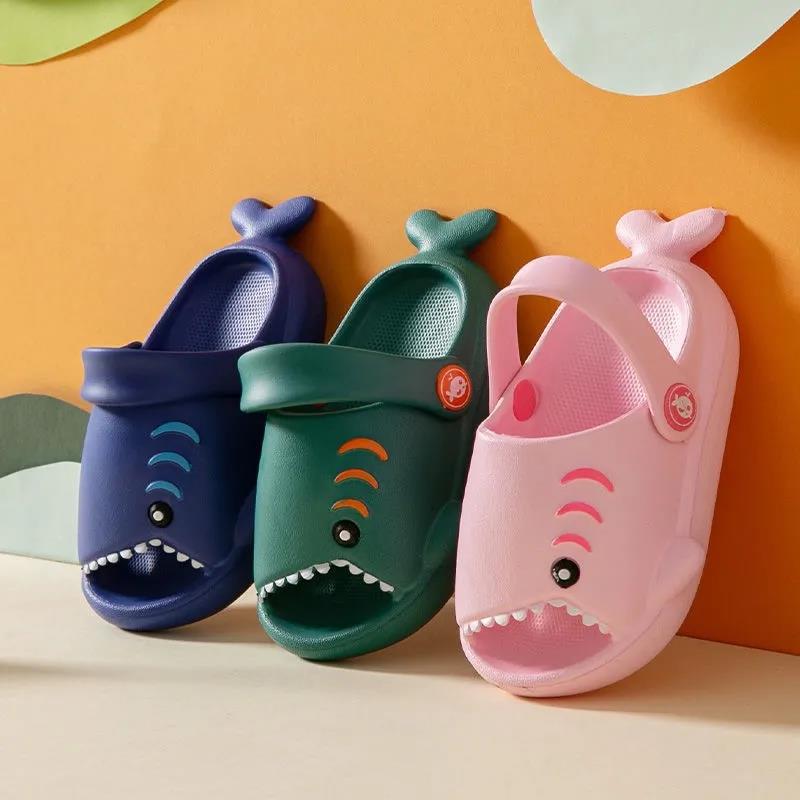 Kids Slippers Summer Boys Girls Soft Sole Flat Outdoor Beach Slippers Cartoon Shark Anti-slip Indoor Shower Casual Slippers