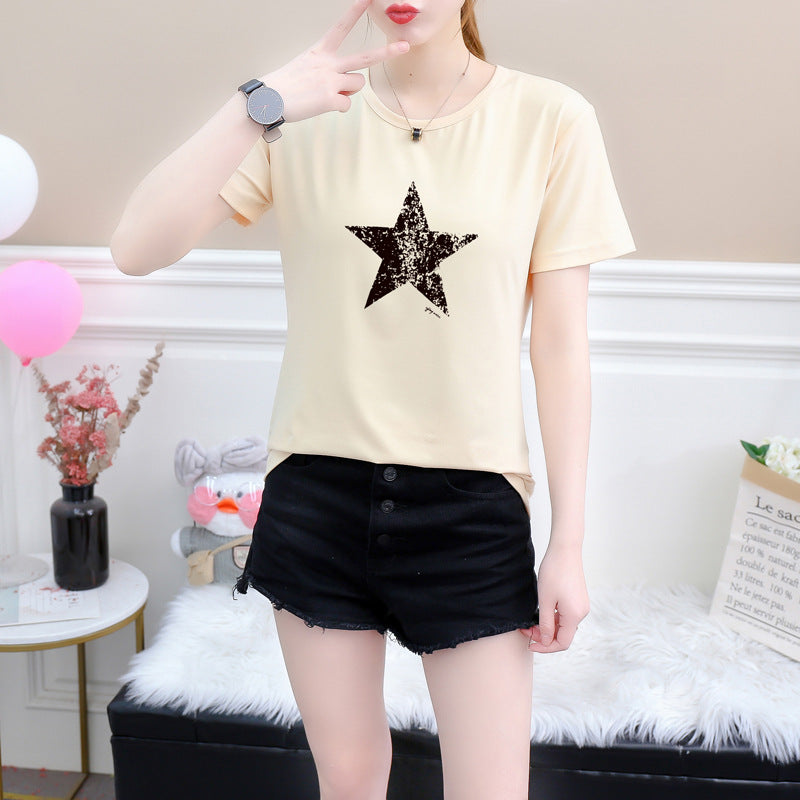 Summer Bottoming Shirt Five-pointed Star Pattern Small Loose Round Neck Short-sleeved Women's T-shirt