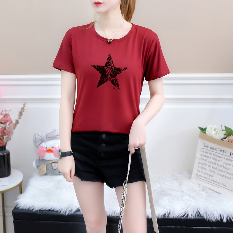 Summer Bottoming Shirt Five-pointed Star Pattern Small Loose Round Neck Short-sleeved Women's T-shirt