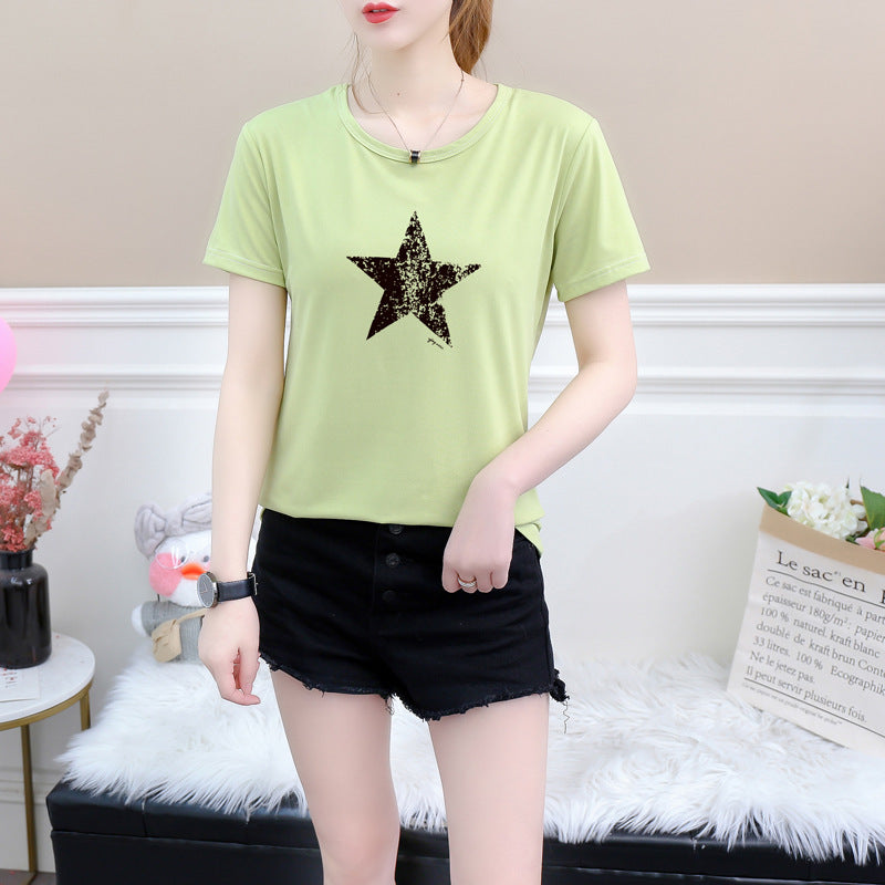 Summer Bottoming Shirt Five-pointed Star Pattern Small Loose Round Neck Short-sleeved Women's T-shirt