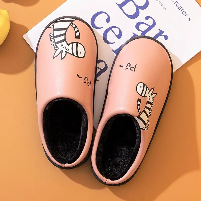 Waterproof Cotton Slippers Women PU Leather Non-slip Couples Home Slippers House Sliders Men Winter Thick Warm Cartoon Cute Indoor Shoes Bedroom