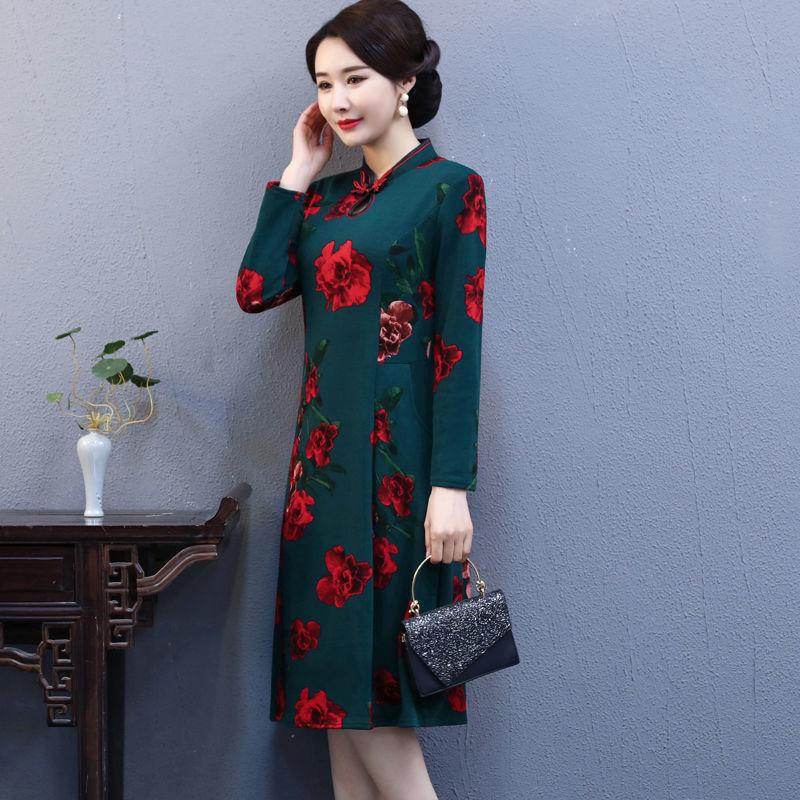 Women's Mid-skirt Chinese Style Long Cheongsam Dresses Retro Knee-length Skirt Summer Slimming Dress Dinner Dresses