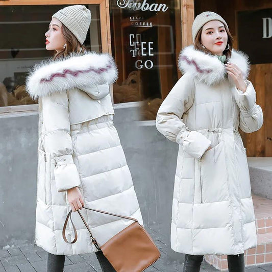 Winter Down Jacket Korean Style Slim-fit Large Fur Collar Hooded Cotton-padded Coat Women's Mid-length Plus Size Over-the-knee Down Coat