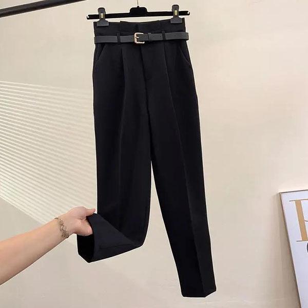 Women Solid Color Sashes Casual Slim Pants Chic Business Loose Trousers Female Large Size Vintage Long Pants