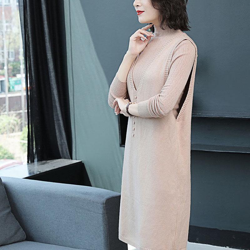 Autumn and Winter Long Sweater Vest Skirt Loose Sleeveless Knitted Dress Fashion Solid Color Female Vest Skirt