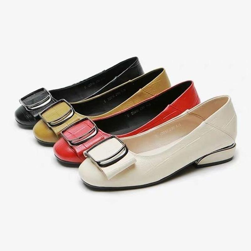 Genuine Leather Shoes Ladies Spring and Autumn Flat Thick Heel Shallow Mouth Mid-heel Casual All-match Low-heeled Leather Shoes