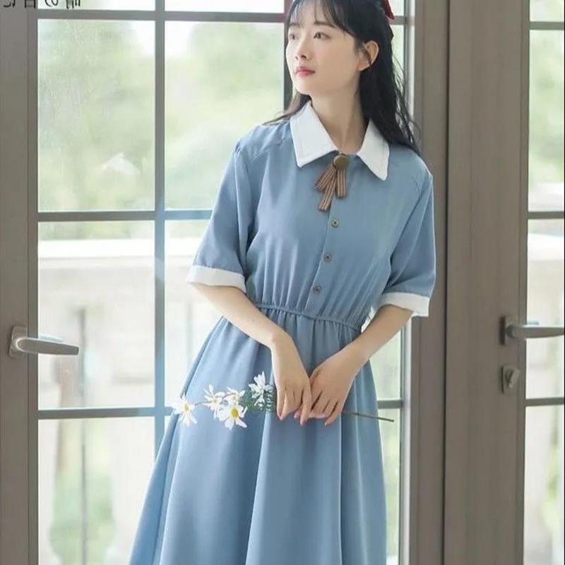 College Style Retro Slim Waist Temperament Dress Female Short-sleeved Mid-length Skirt A-line Skirt Bow Decoration Sweet and Cute