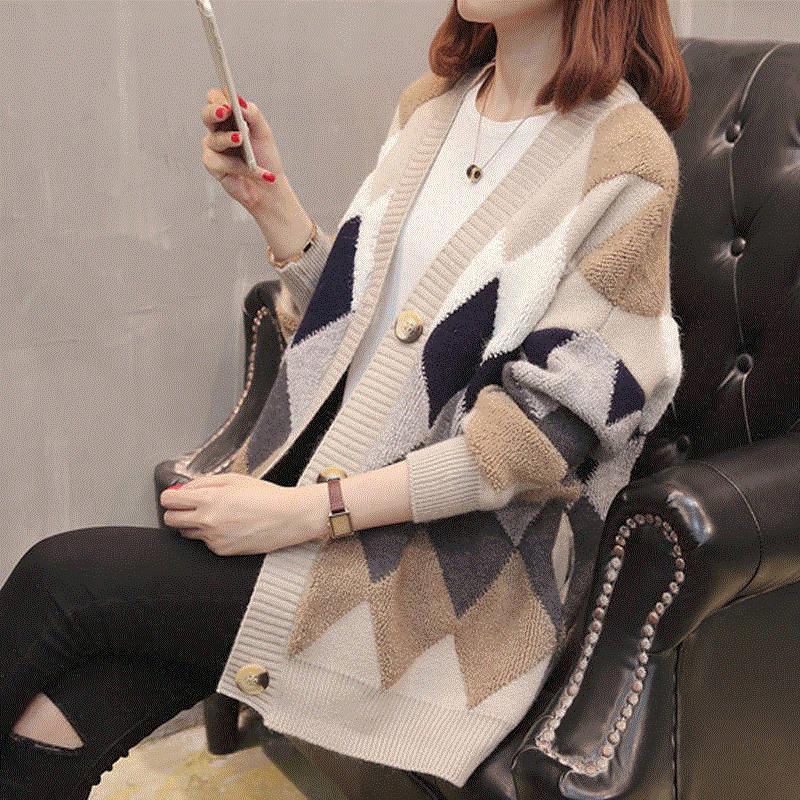 Casual Style V-neck Sweater Loose Plus Size Jacket Autumn and Winter Mid-length Female Top