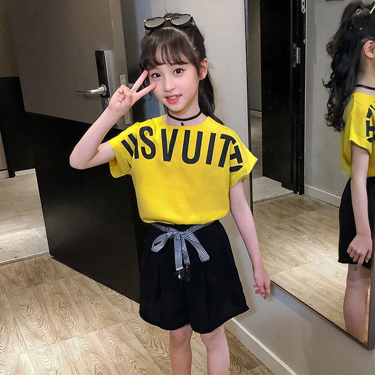 Girls' Children's Printed Letter Short Sleeve Suit Summer Girls' Korean Students' Shorts Two Pieces Set