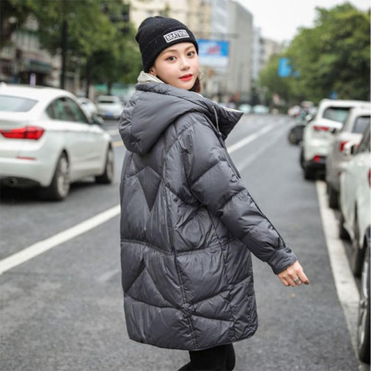 Women's Winter Korean Style Loose Quilted Jacket Women's Warm Stand-collar Down Jacket Solid Color Mid-length Down Jacket Quilted Jacket