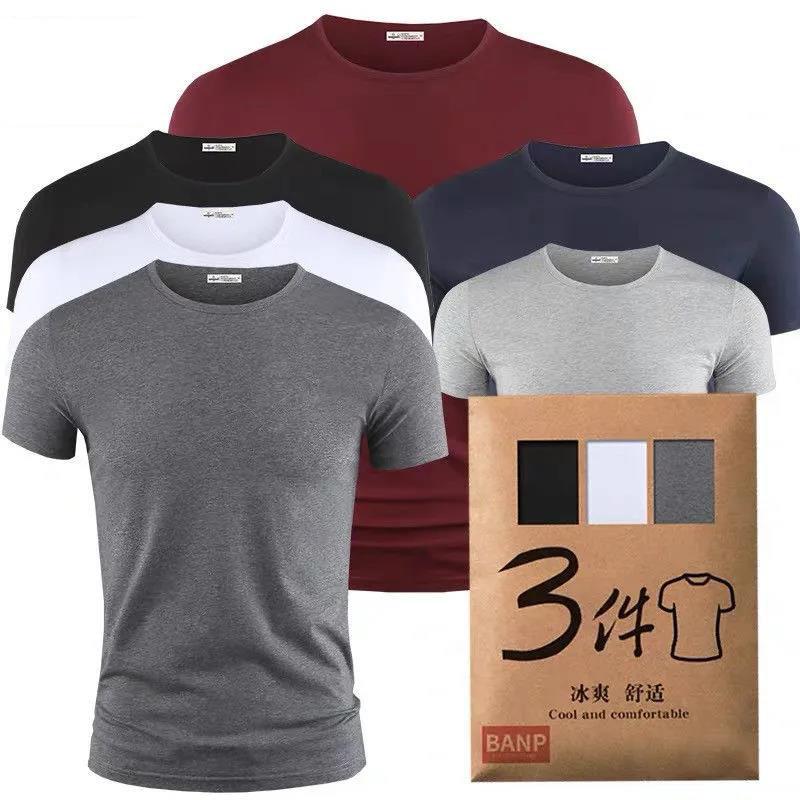 (3 Pieces) Men's Summer Short-sleeved T-shirts Slim Solid Color Round Neck Men's Bottoming Shirt All-match Top