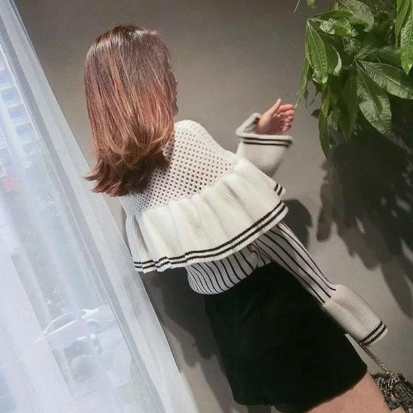 High-neck Hollow Ruffled Sweater Fashion Flared Sleeves Vertical Striped Top Casual Slim