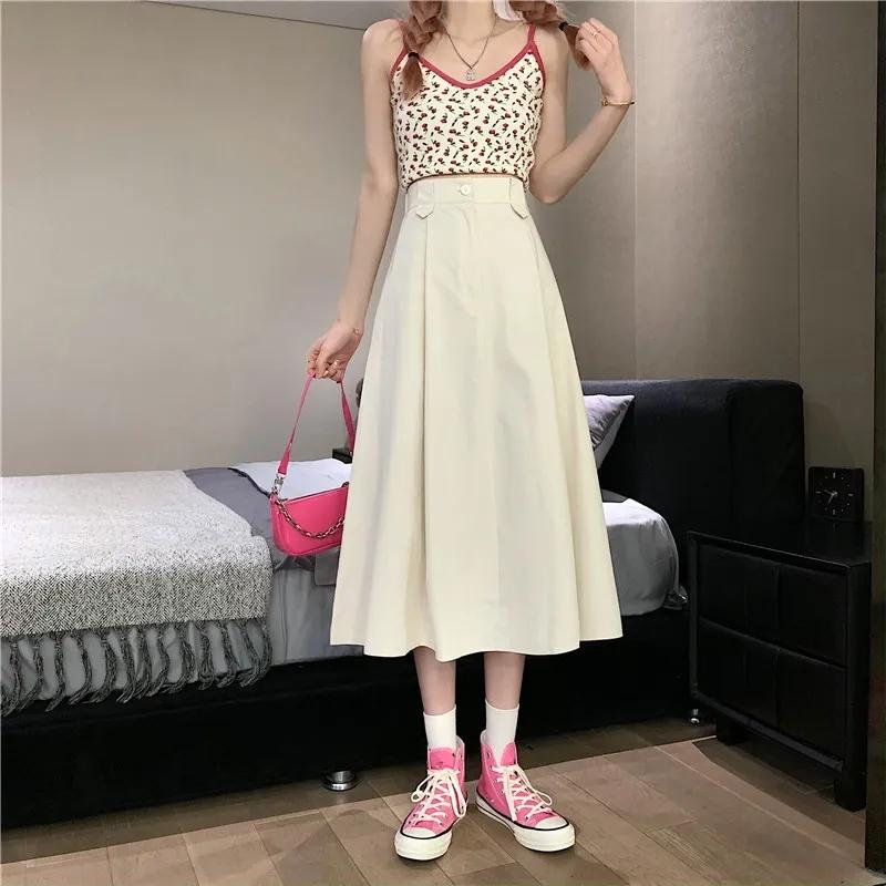 Women's Long Skirts Elastic High Waist Casual Skirt Girl's Spring Summer Solid Color A-line Skirts All-match Pleated Skirt