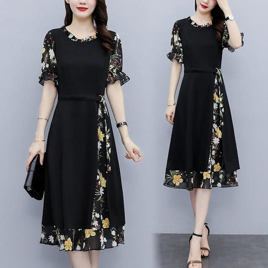 Women Summer Vintage Short Sleeve Casual Dress Slim High Waist Chiffon Floral Printed Mid-length Holiday Dress